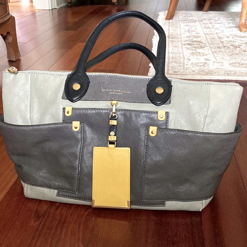 Marc Jacobs Shoulder Tote In Grey, Slate, Black And Yellow With Luggage Tag
